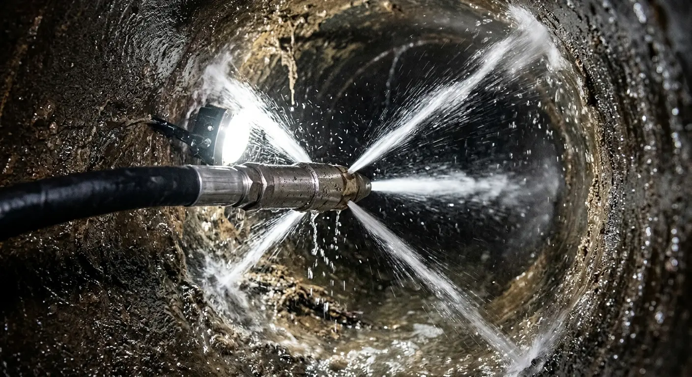 High-pressure hydro jetting nozzle cleaning sewer pipe for Sewer Cleanout in Westlake