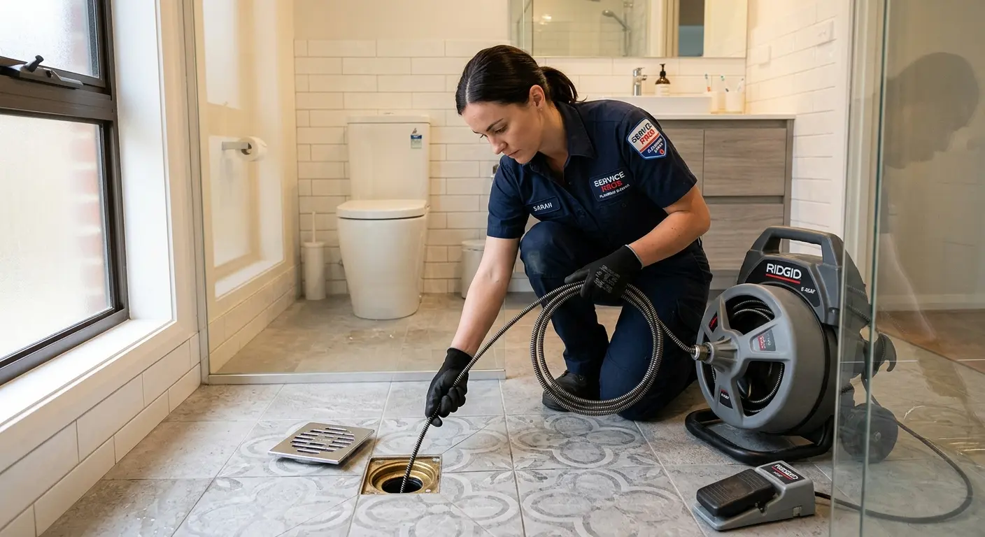 Technician clearing a bathroom floor drain for Sewer Line Replacement in Westlake